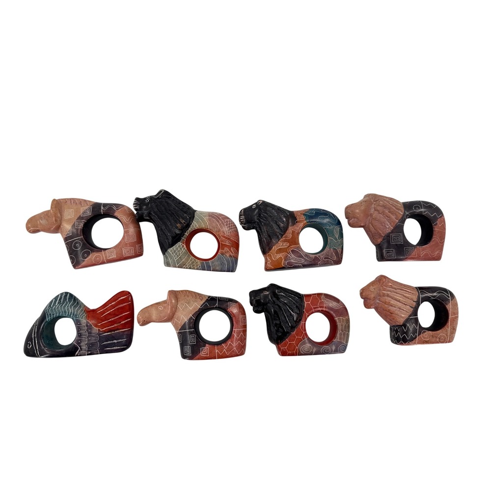 Hand Carved Soap Stone‎ Animal Napkin Rings Set of 8 Kenya Lion Elephant Rhino